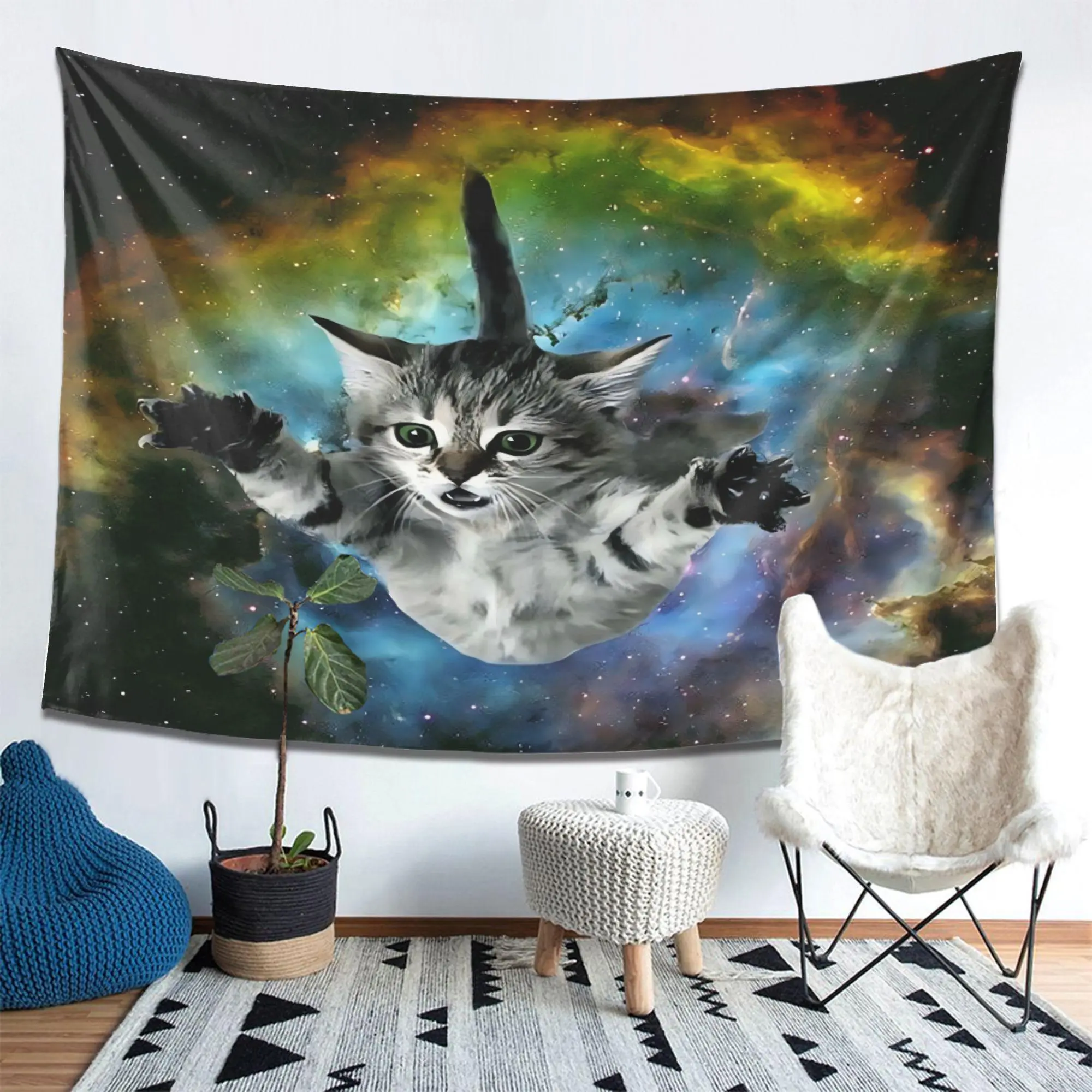 Cosmic Cat Chase Tapestry, Popular Indoor Outdoor Decor, Suitable for Living Room, Bedroom, Office, Outdoor Entertainment And Party Decoration, Living Room Wall/Bedroom Headboard/Study Background, Modern Aesthetic Design, Perfect Gift for Friends