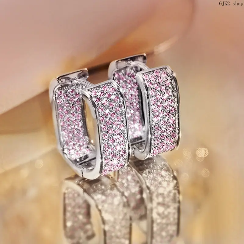 Women's Gold-Plated Full Pave Set Cubic Zirconia Rectangular Huggie Hoops, Sparkling Clip-On Earrings with Click-Lock Clasp, Female Fashion Jewelry for Dating, Banquets, Gifting