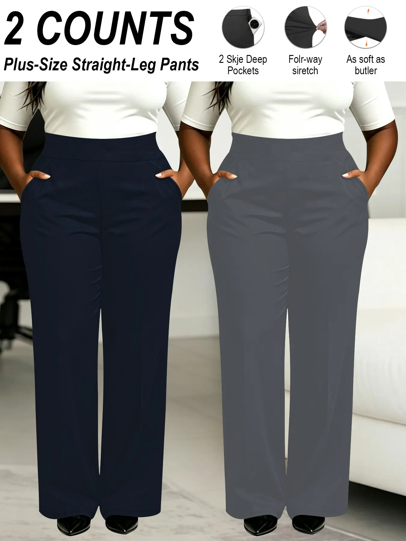 2/3/5 Counts Plus Size High Waist Straight‑Leg Pants, Soft 4‑Way Stretch Work Pants with 2 Deep Side Pockets, Dressy Casual Trousers for Office Daily Wear