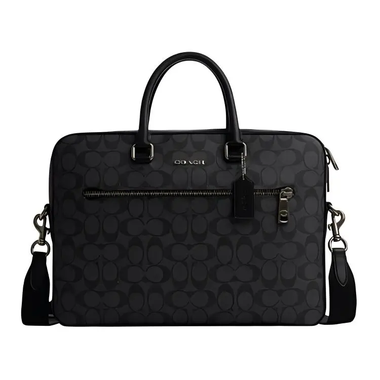 COACH Ethan 38 Classic Logo Zip Top Handle Crossbody Briefcase for Men – Large Black Synthetic Leather