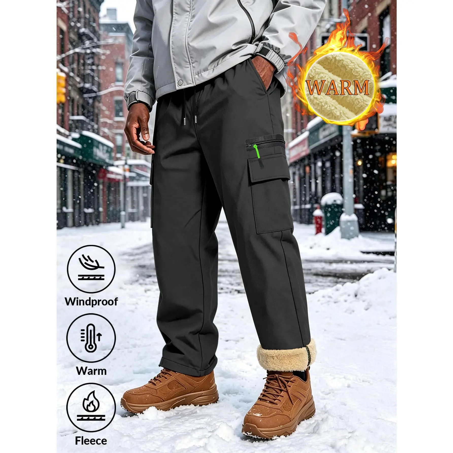 Men's Fleece Lined Work Pants, Windproof Thick Fabric, Loose Cuffs, Warm Winter Snow Hiking Pants, Winter Snow Hiking and Daily Commuting Pants