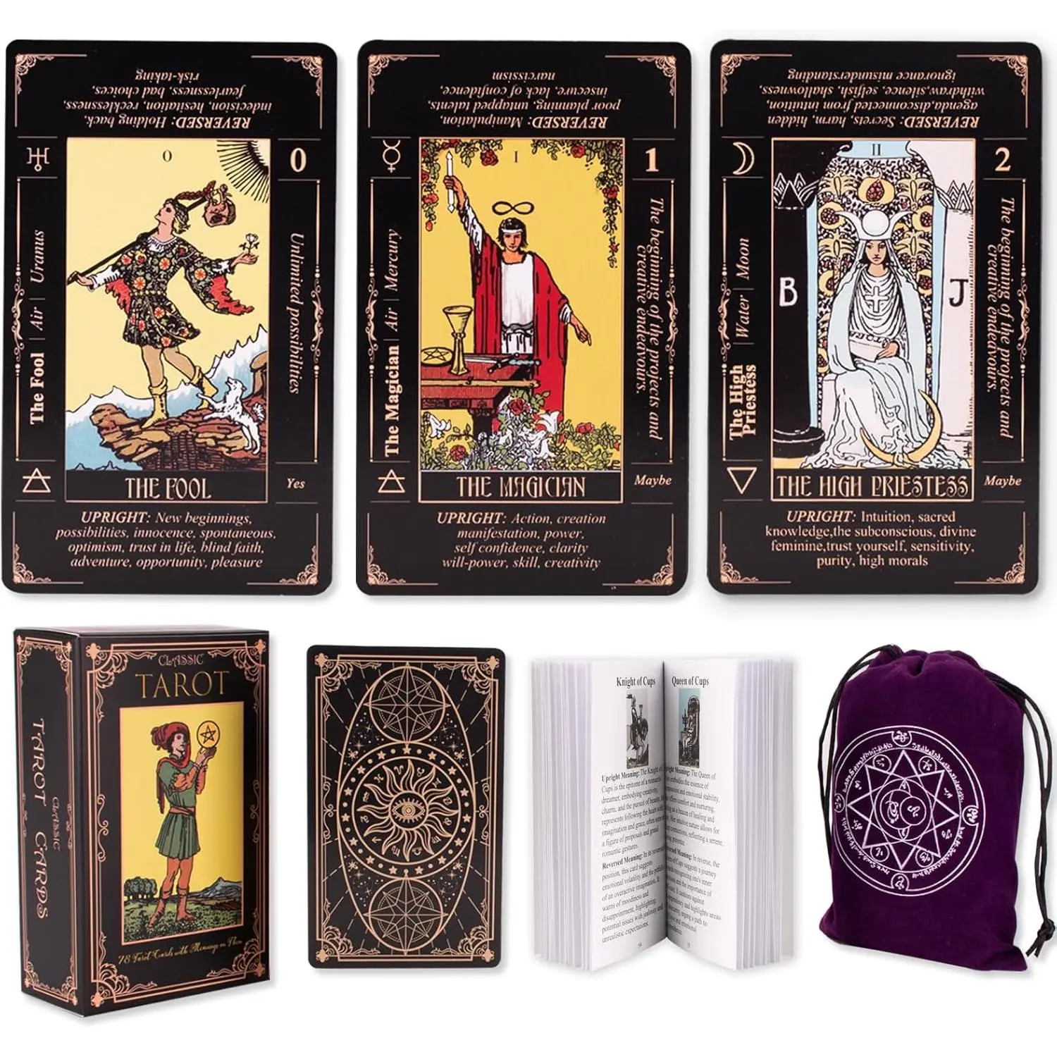 Tarot Cards for Beginners, Classic Tarot Deck with Meanings, Durable Cards with Guide Book, Black