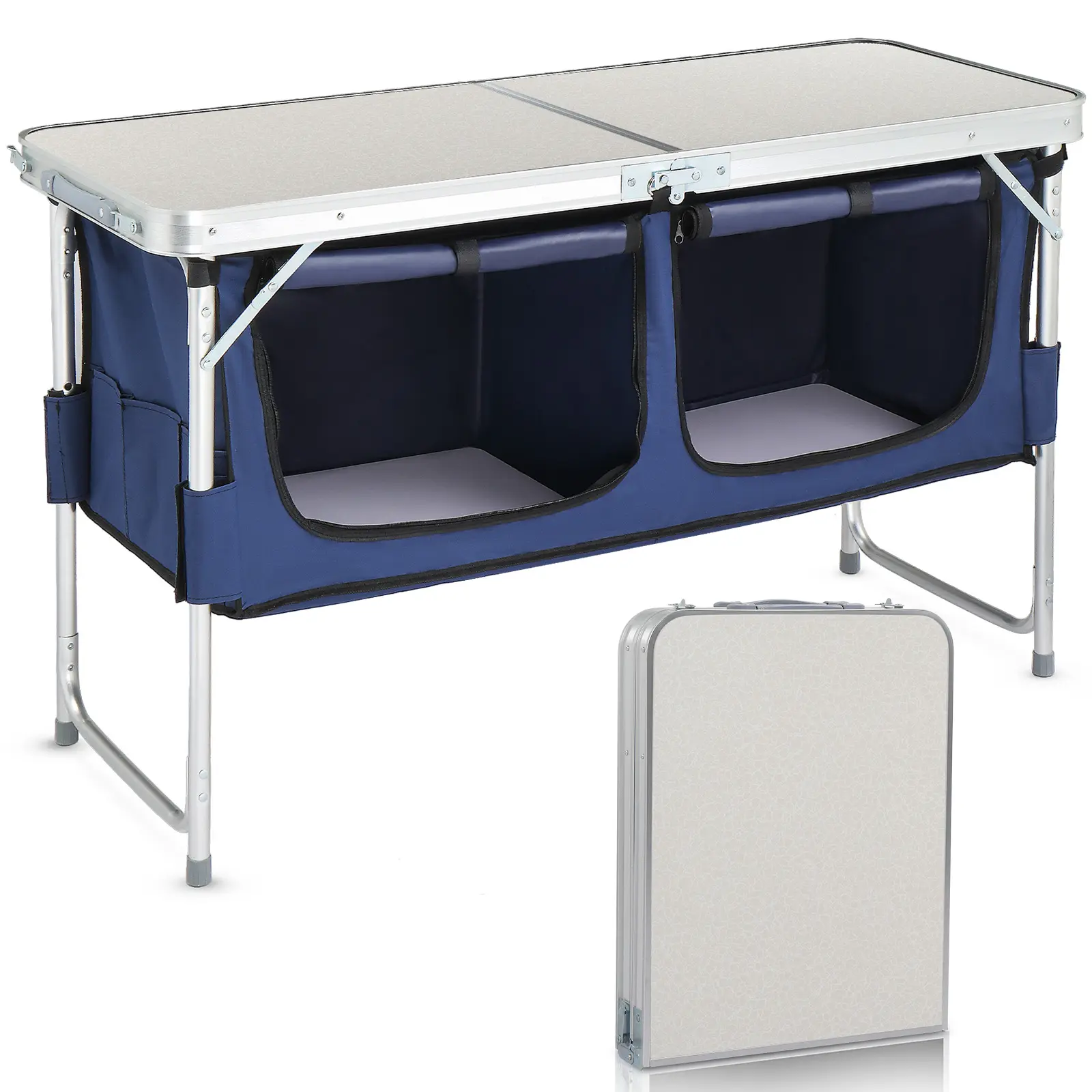 4FT Portable Folding Camping Table with Storage, Aluminum Outdoor Cooking Station with 2 Adjustable Legs, Blue/Black