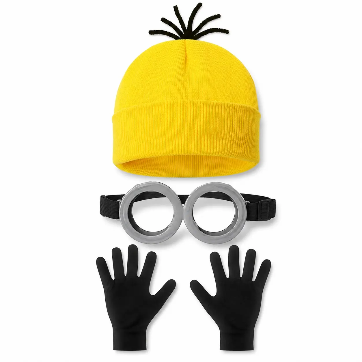 Yellow Cosplay Costume Accessories Set with Knit Hat, Round Goggles and Black Gloves, Halloween Party Dress Up Kit for Adults