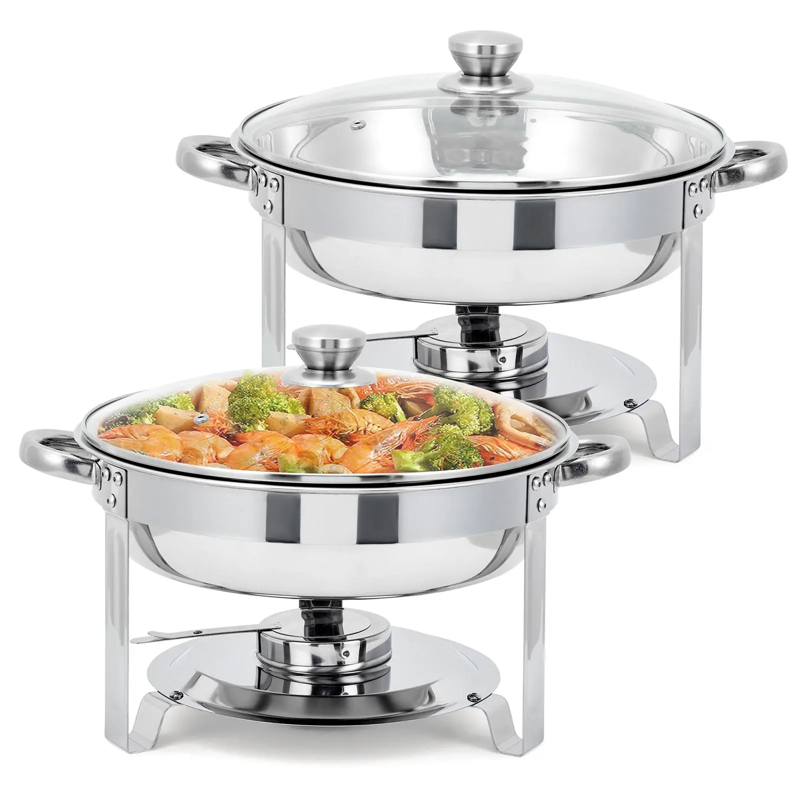 Stainless Steel Round Chafing Dish Buffet Set with Clear Glass Lid, Catering Food Warmer Complete Set with Fuel Holder, Mirror Polished Chafers and Buffet Warmers Set for Weddings Parties Restaurant