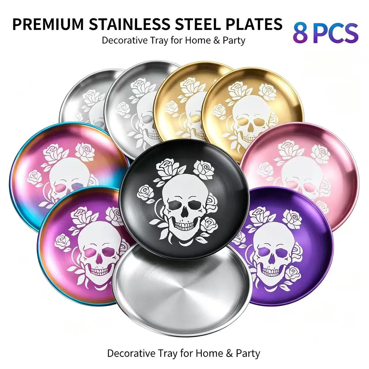 6/8 Piece Stainless Steel Plate Set, Skull Pattern Spooky Outdoor Diningware, Perfect for Halloween Parties, Durable and Stylish Tableware