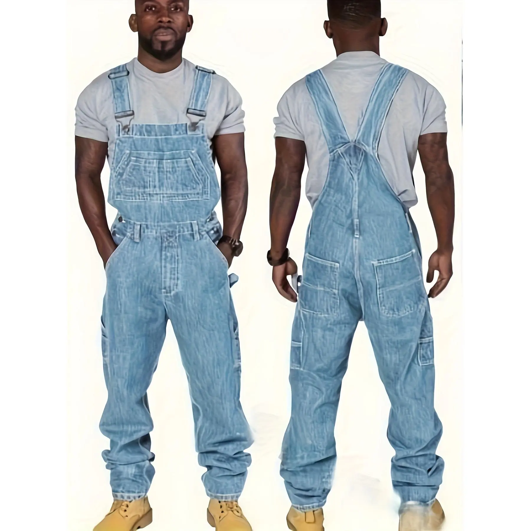 A Blue Men'S Jumpsuit, Casual Fashion Multi-Pocket, Loose Comfortable Solid Color Trend Jeans, Suitable for Spring And Autumn Season