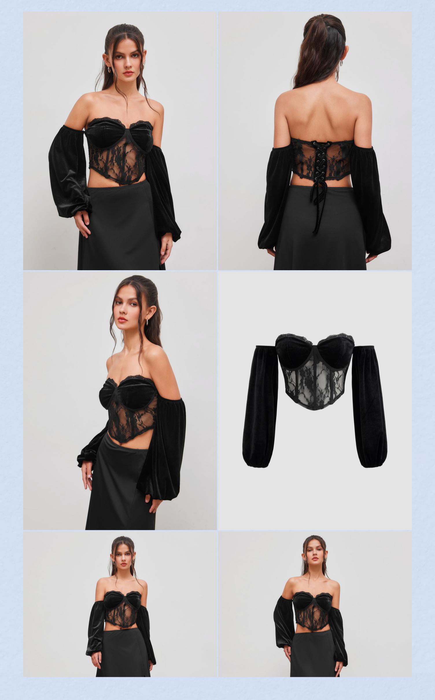 Cider [size 2-10] Velvet Off-shoulder Lace Tie Back Corset Crop Top