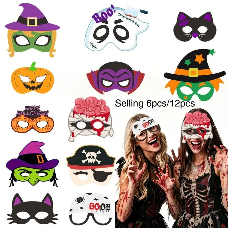6-piece Halloween mask set, no need for DIY half-face makeup masks, cat, witch, pumpkin, vampire, ghost costume accessories suitable for Halloween parties and role-playing events, universal size