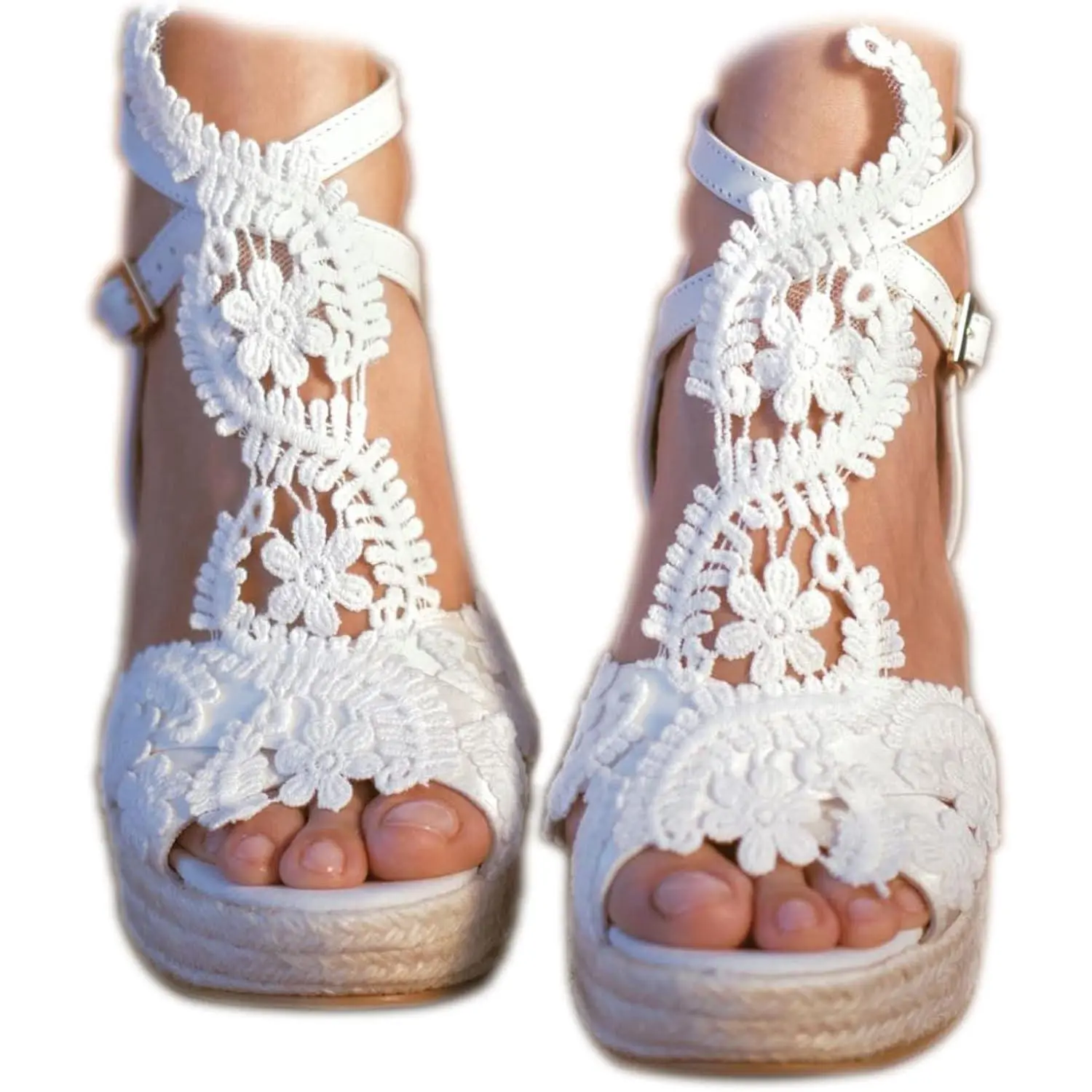 Women's Platform Sandals Wedge Open Toe Ankle Strap lace Wedding Shoes Bridesmaid Shoes