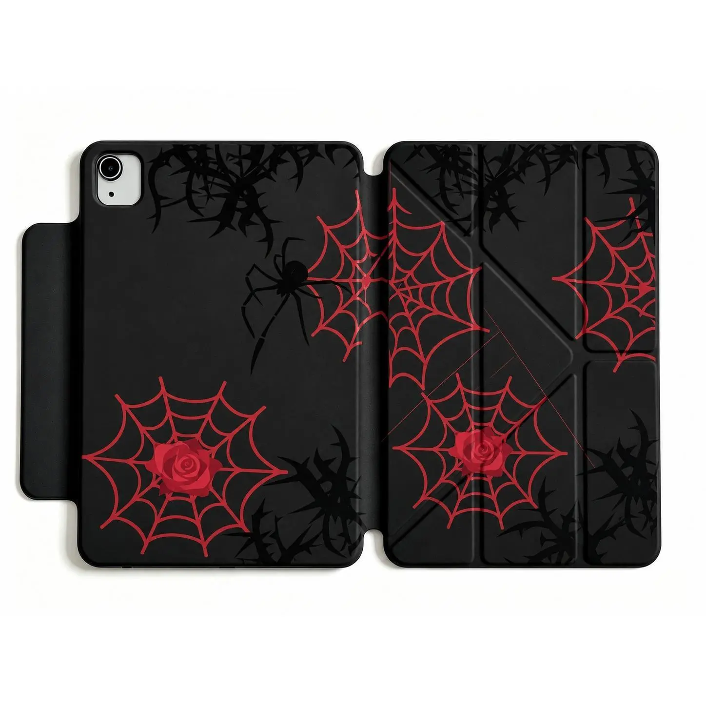 DarlingCase Black Red Spider Web iPad Case with TPU+PC+PU, Magnetic Detachable 360° Rotatable Protective Cover, Pencil Holder, Y-Fold Stand for iPad A16, Air, Pro, Mini 6/7