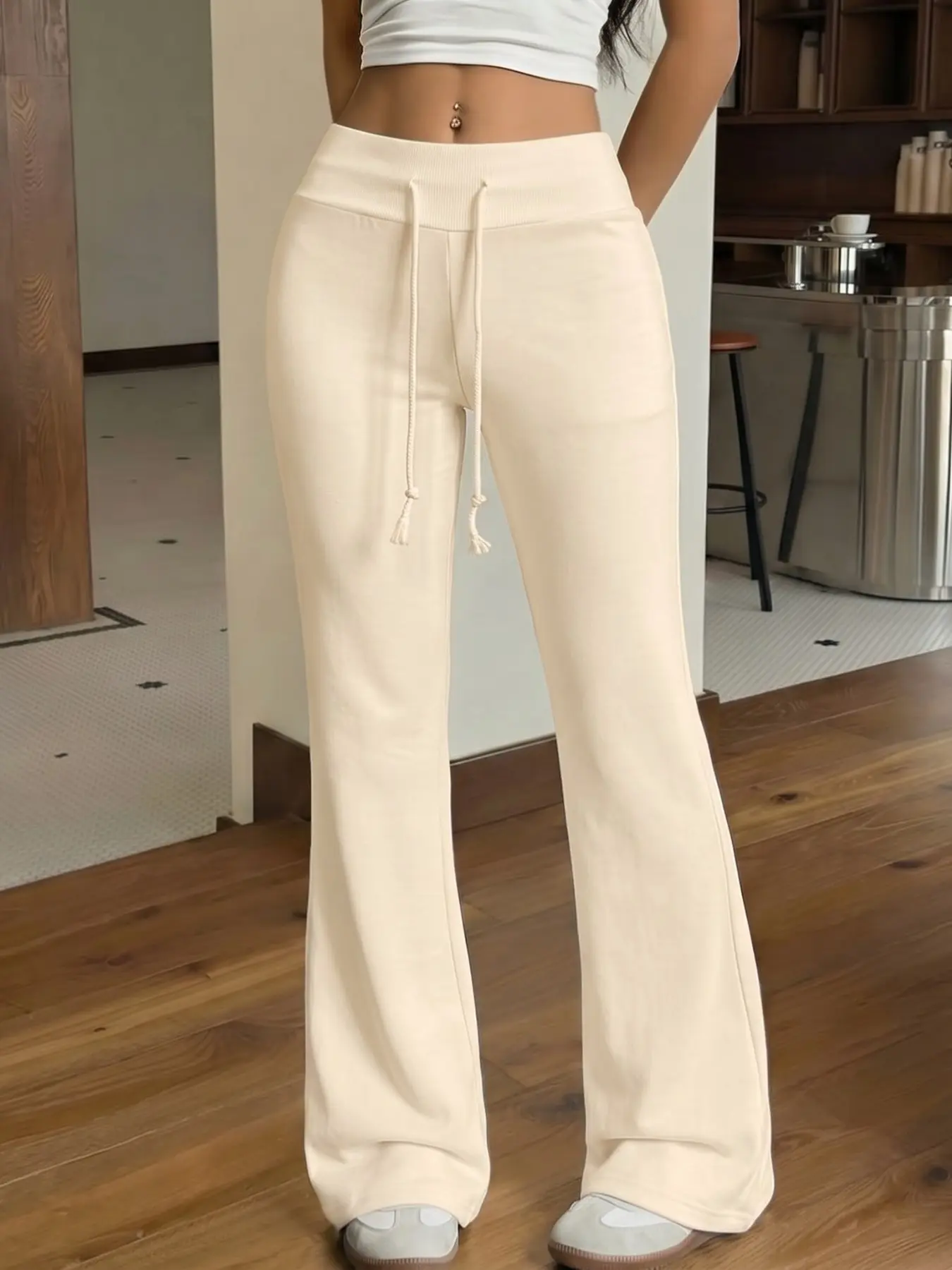 Women's Winter Apricot Flare Leg Sweatpants, Casual Sports High Waist Drawstring Athleisure Gym Wide Leg Pants, Solid Color Versatile Jogging Bottoms