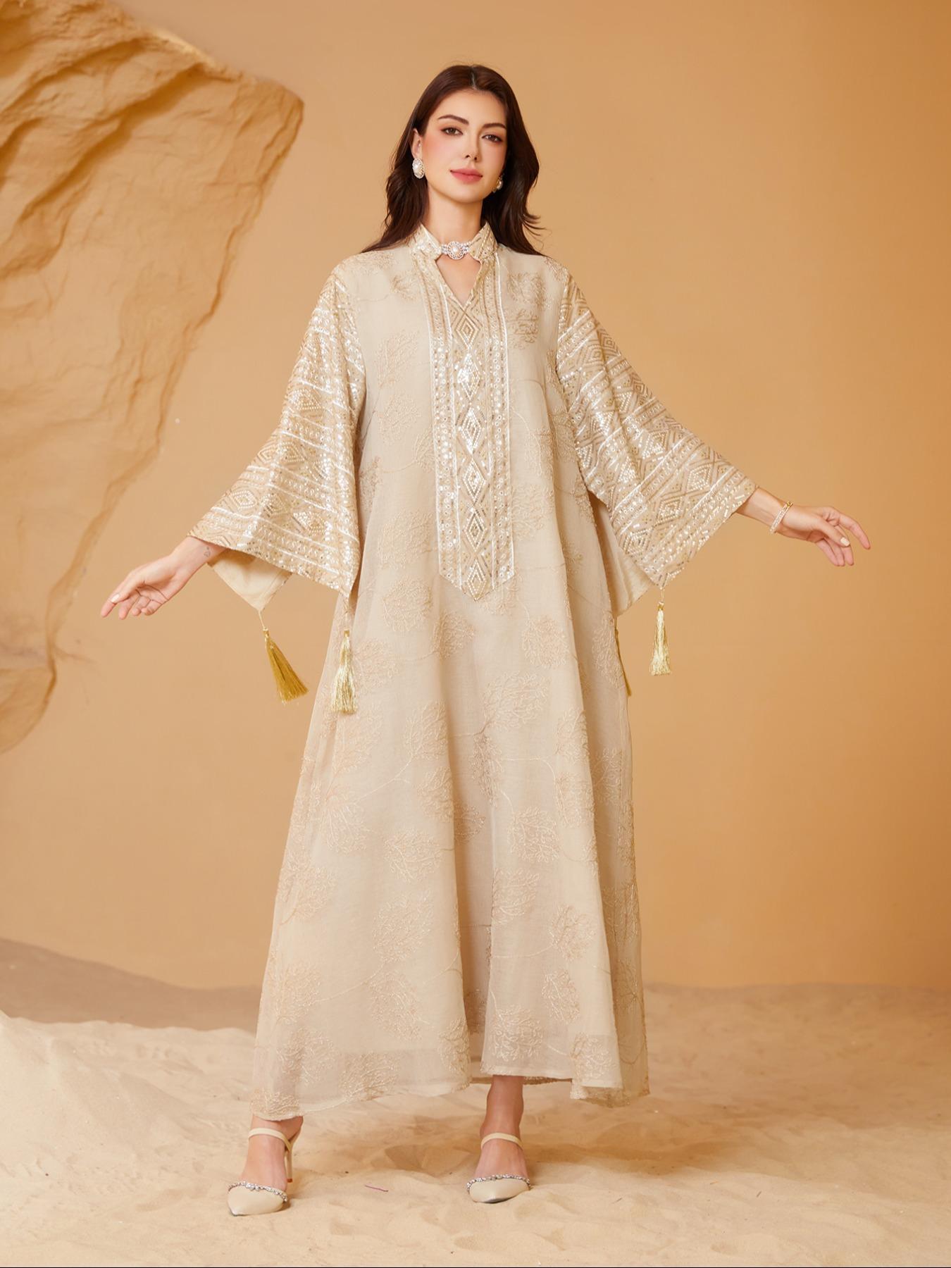 Women's Embroidery Long Sleeve Woven Dress,Elegant Fringe Trim Arabic Clothing for Party Evening Formal Occasions,Ladies Clothes for All Seasons