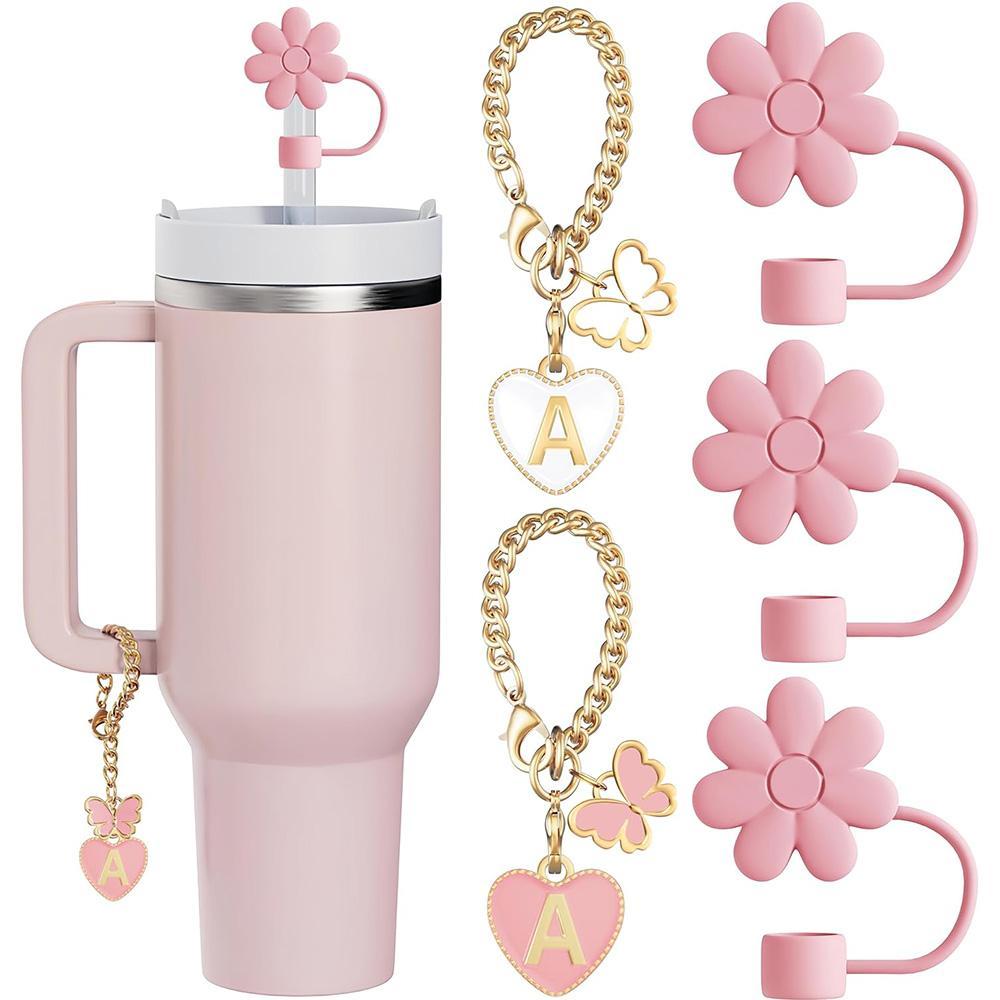 Flower & Letter Design Drinkware Accessories Set, Tumbler Cup, 5 Counts/set Including 3 Counts Silicone Straw Cover & 2 Counts Letter Charm, Drinkware Accessories for Gift