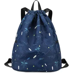 Drawstring Backpack for Kids - Coconut Tree Bags for Girls Mini Gym Dance Beach Swim Travel Bag With Two Water Bottle Holder Dark Blue Clinch Bag(Gift)