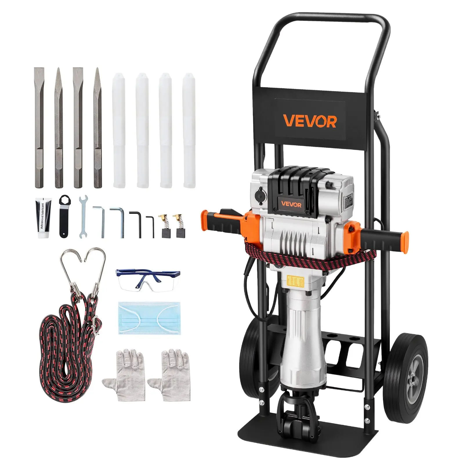 VEVOR Demolition Jack Hammer, 2100 W Powerful Electric Jackhammer, 1650 BPM Concrete Breaker with 2 Point Chisels, 2 Flat Chisels, Hand Trolley, Gloves, for Concrete, Wall, Brick, Tile and Foundation