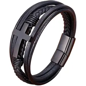 Multi-Layer Braided Leather Bracelets with Magnetic Clasp Mens Cuff Bracelets for Men Genuine Leather Bracelet Religious Leather Bracelets decorate Gift