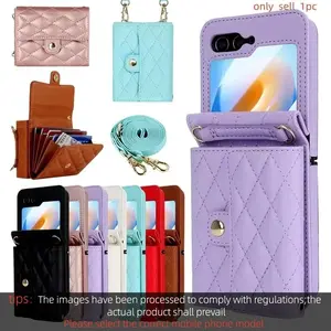 Crossbody Leather Quilted Wallet Case Flip Cover For Samsung Galaxy Z Flip 7 6 5 4 3 Flip5 Flip4 Flip3 5G Lanyard Cards Bag Phone Cover