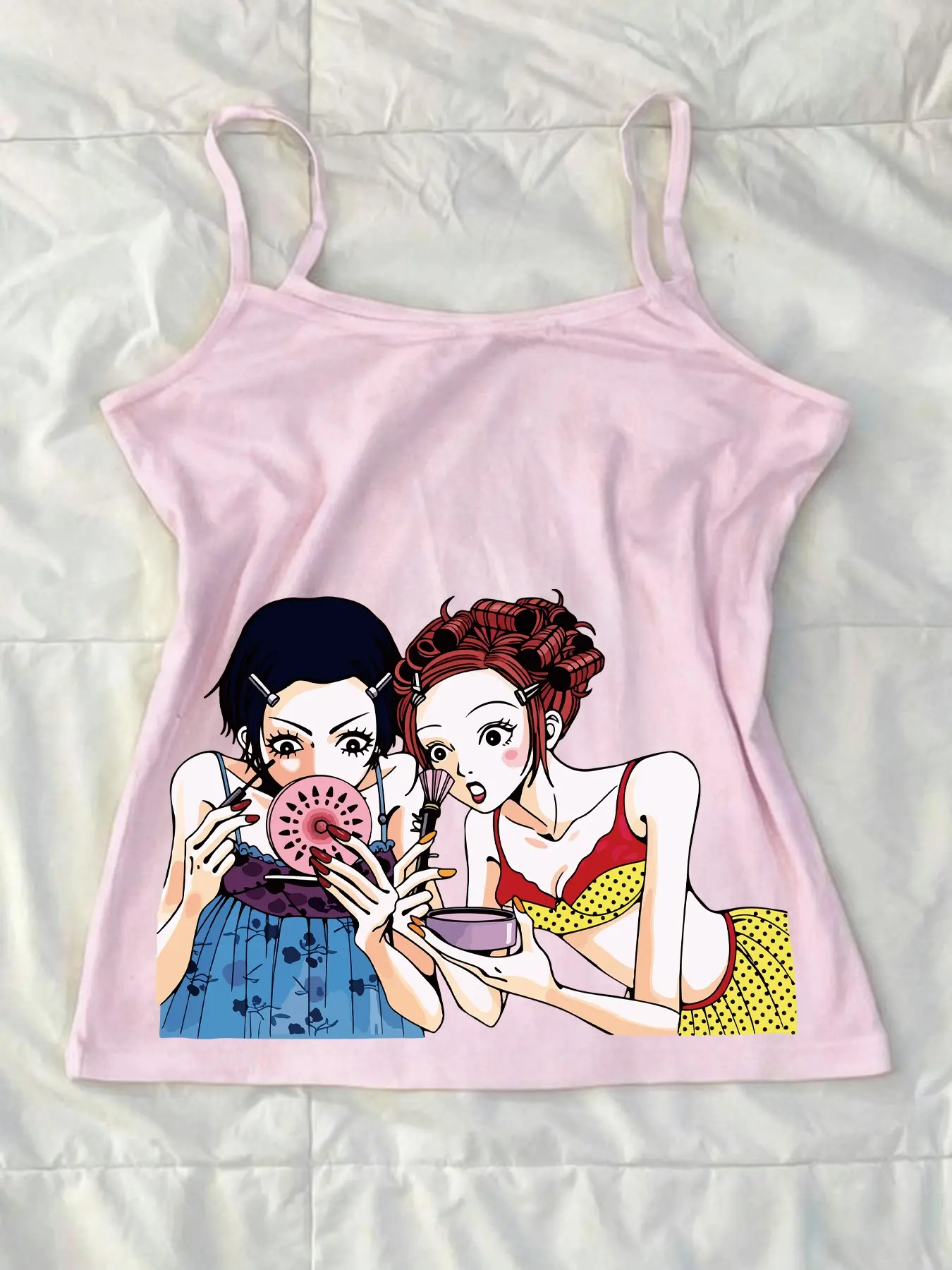 Women's Sleeveless Fitted Tank Top, Cute Cartoon Girl Makeup Mirror Graphic Print, Y2K Style Casual Shirt, Summer Streetwear, Multiple Colors