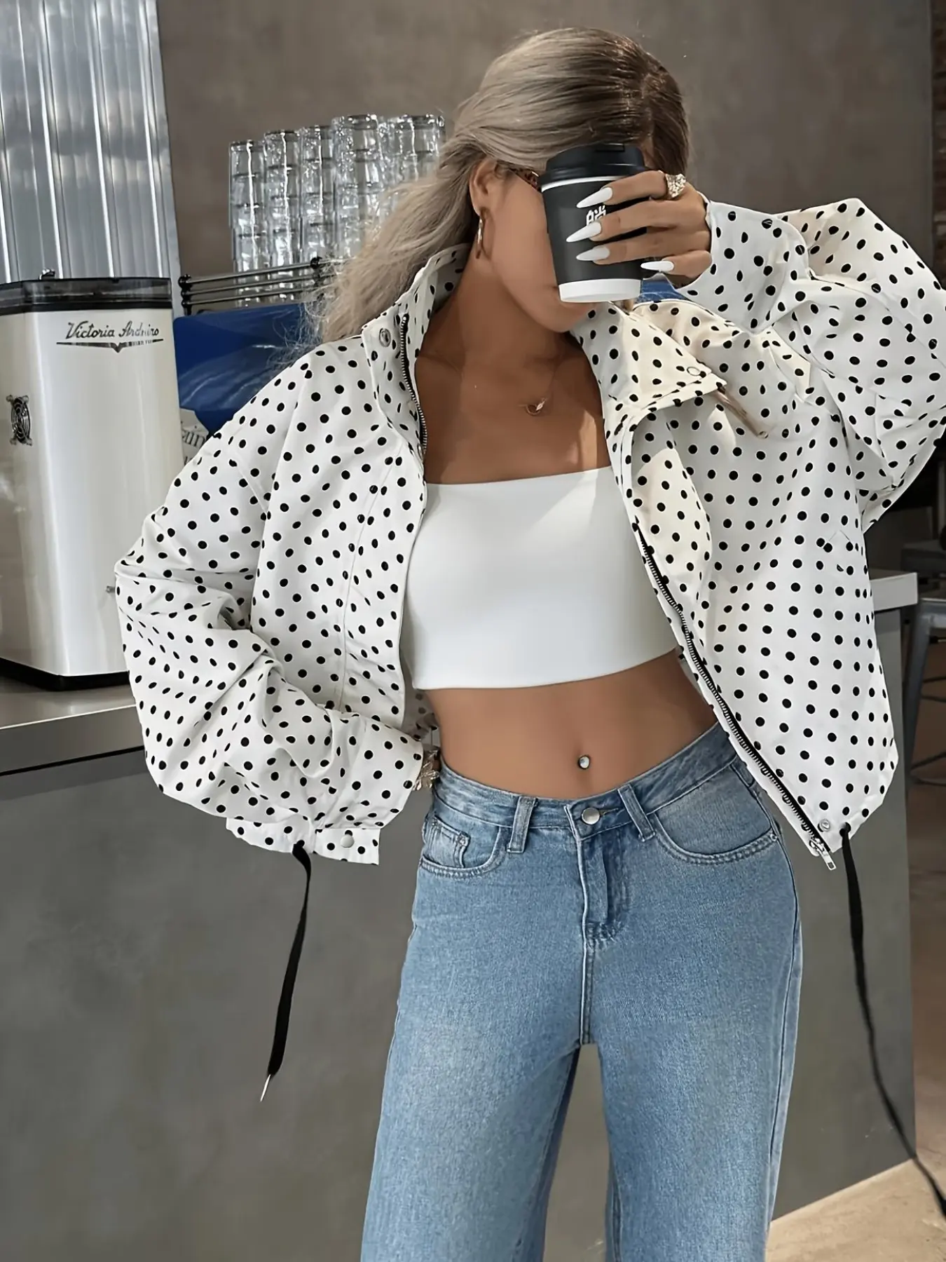 Women's Vintage Polka Dot Stand Collar Zipper Jacket, Drawstring Waist Short Coat, Elegant Y2K Street Style Outerwear