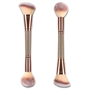 Double-Ended Foundation Makeup Brush, Angled & Round Top for Liquid, Powder & Cream Blending, Brown Champagne Gold