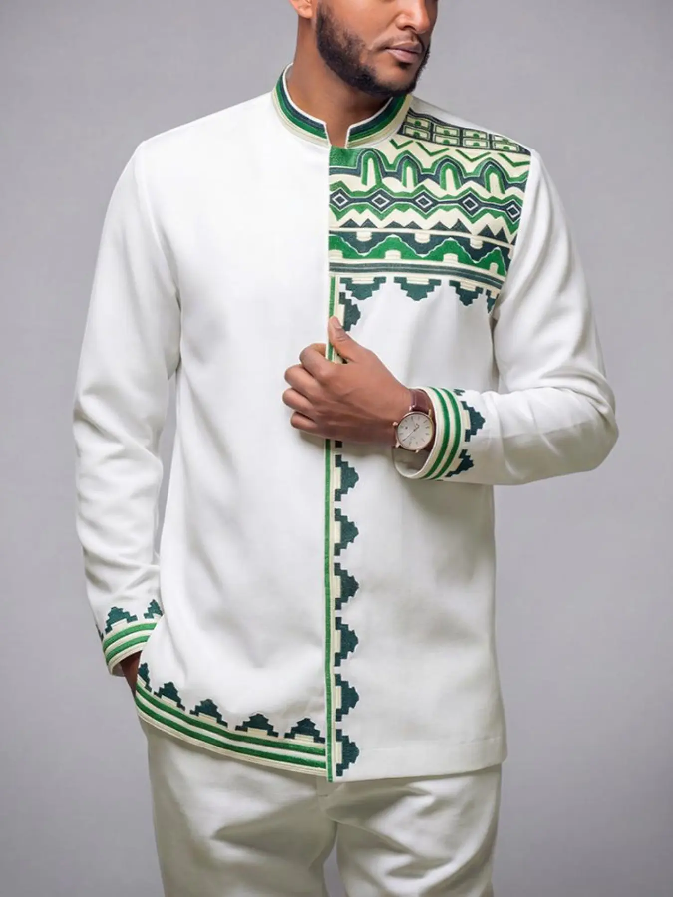 Men's Elegant Formal Aesthetic 2-Piece Set Outfit, Stand Collar Long Sleeve Embroidered Shirt, Drawstring Waist Pants, Perfect for Office, Dates, Weddings, Parties