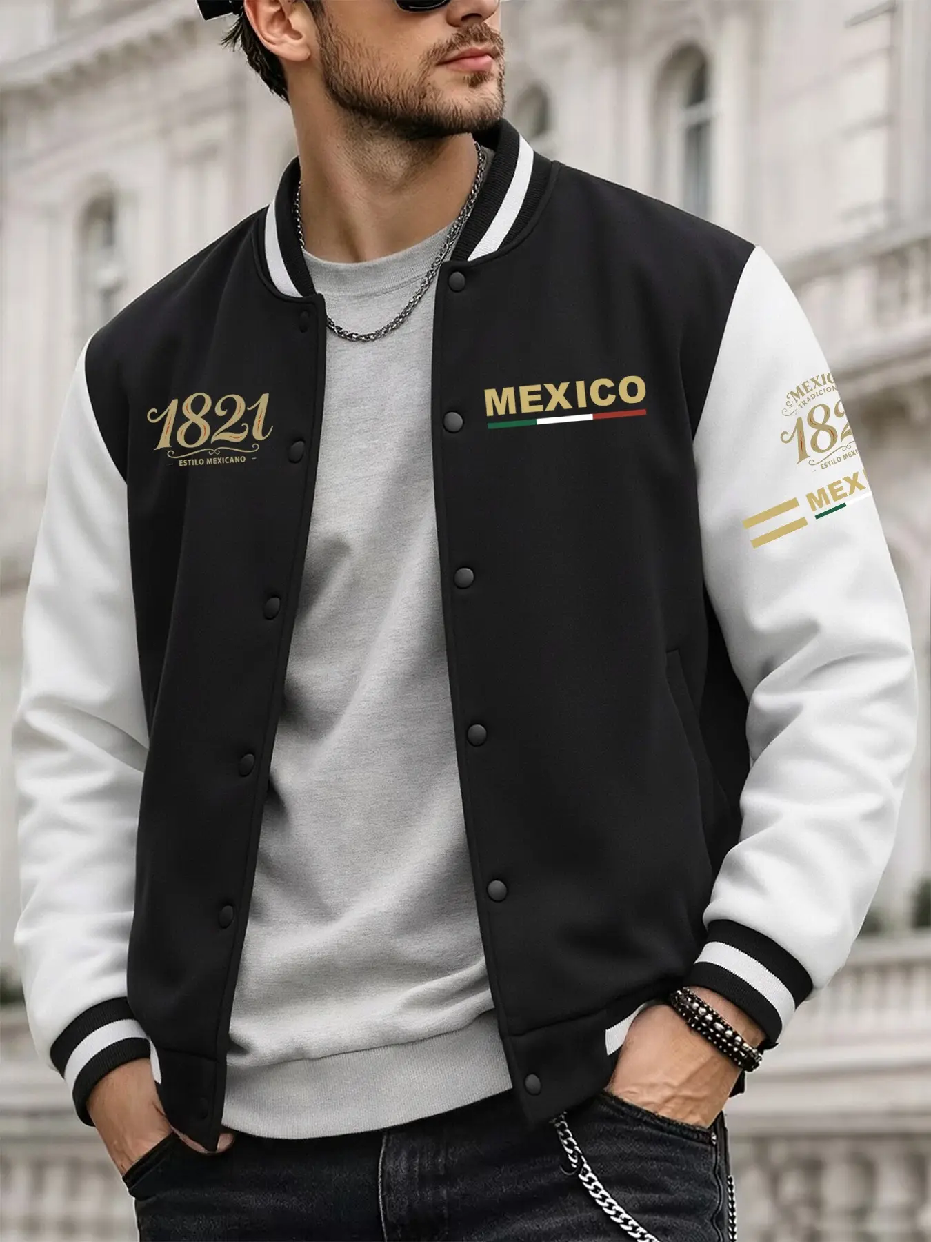 Men's Colorblock Baseball Jacket, American Vintage Casual Style, Mexico 1821 Theme Print, Contrast Ribbed Collar, Loose Fit, Streetwear Outerwear