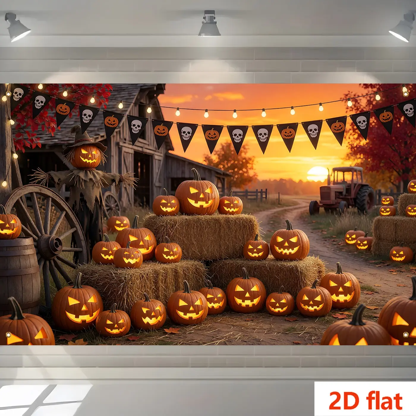 Halloween Pumpkin Lantern Straw Man Barn Backdrop, Vintage Rural Horror Festival Decor, Party Photo Background, Skull Flag Hay Bales Theme