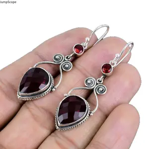 Symmetrical Double Spiral Scroll Two-Tier Teardrop Red CZ Dangle Earrings, Antiqued Silver Twisted Rope Bezel Swing Hook Jewelry for Women Vintage Boho & Romantic Daily Wear