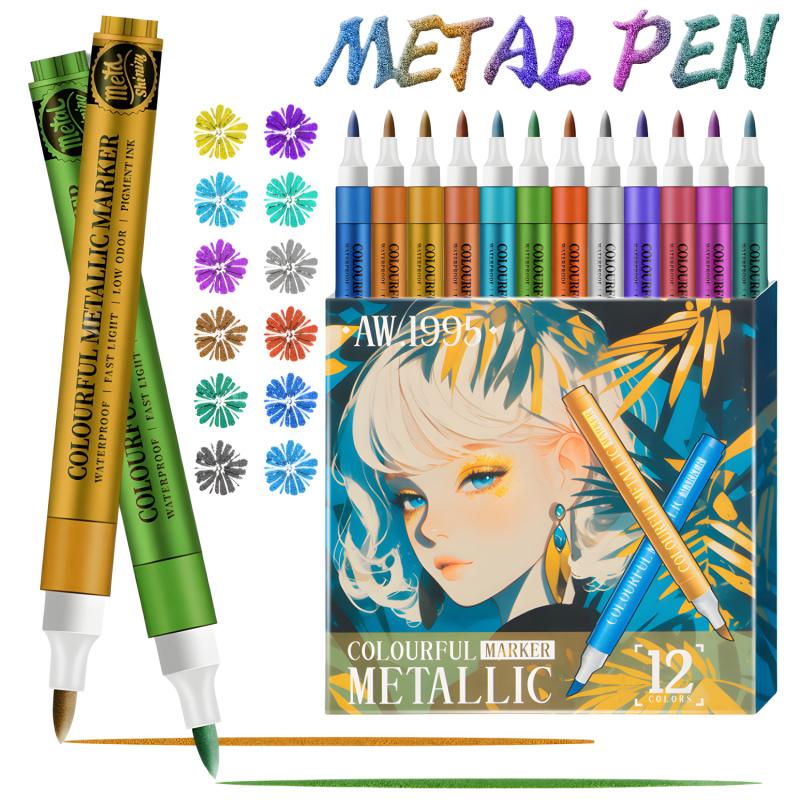 12 Colors Metallic Acrylic Paint Pens for Rock Painting, Soft Brush Tip Metallic Marker for Rock Painting, Ceramic, Glass, Canvas, Mug, Wood, Easter Egg, Waterproof Paint DIY Crafts Making, Diy Painting Supplies