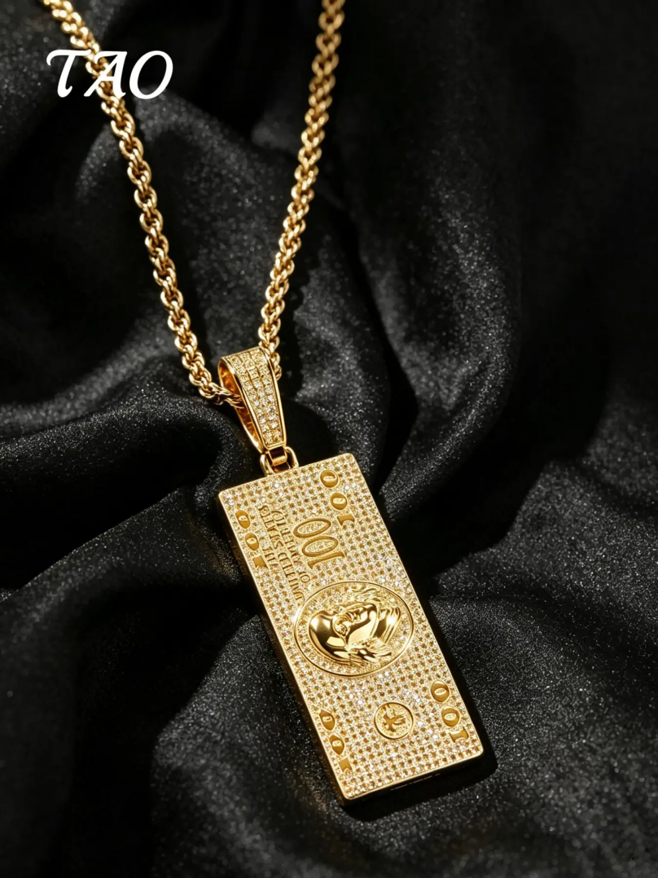 TAO-1Pc Unique 100‑Dollar‑Bill Shaped Pendant, Copper‑Set Premium Zirconia, Comes With 24‑Inch Rope Chain, Classic Hiphop Style, Unisex Design, Couple‑matched Jewelry, Versatile Daily‑wear Accessory