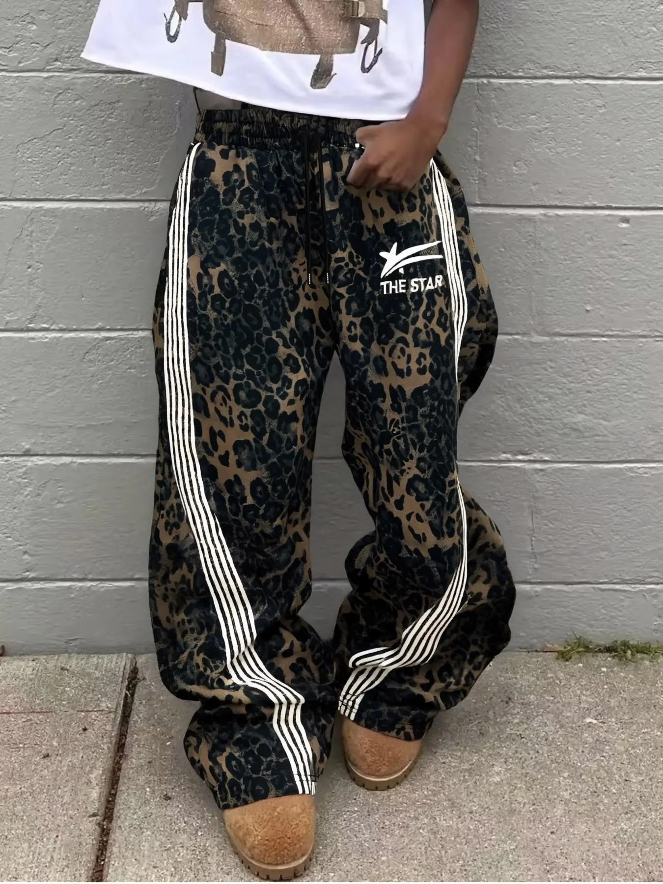 Unisex Streetwear Oversize Wide Leg Sweatpants, Elastic Waist Drawstring, Adjustable, Star Print, Camo, Leopard, Wine, Loose Fit, Hip Hop Style