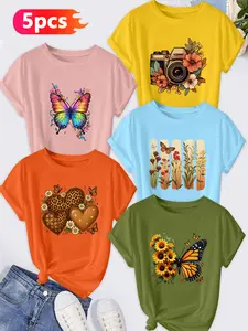 5Pcs Women Crew Neck Tee, Rainbow Butterfly, Floral Surrounded Camera, Vertical Floral&Butterfly, Plaid Leopard Hearts, Sunflower With Monarch Butterfly Prints; multi-color, washable, spring&summer soft casual top