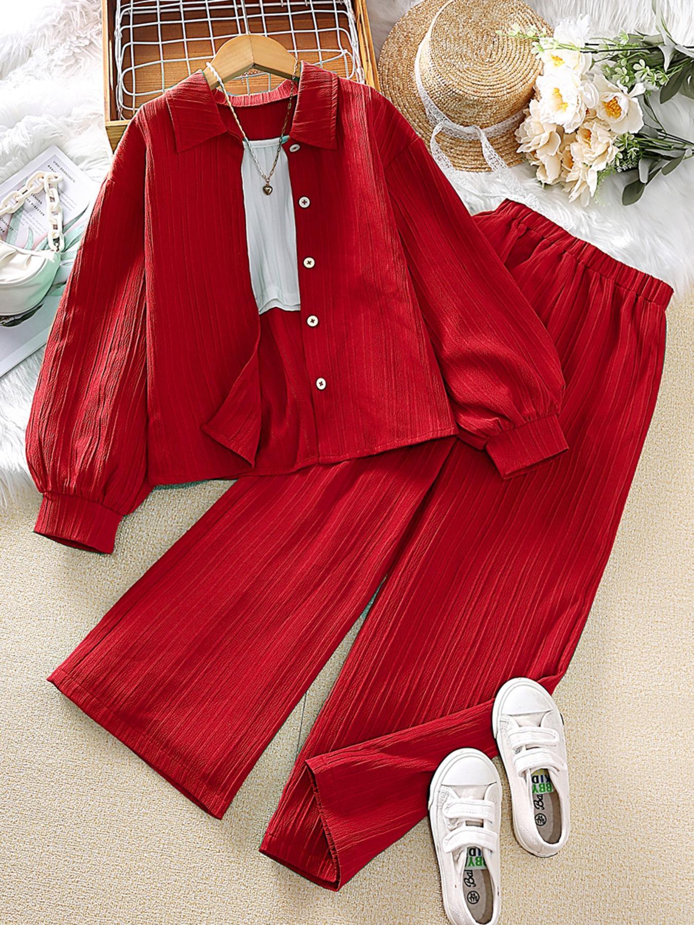 Two-piece Set Girl's Solid Color / Bow Pattern Shirt & Pants Set, Suits, Casual Long Sleeve Collared Top & Trousers for Spring & Fall, Kids Clothes for Daily Wear