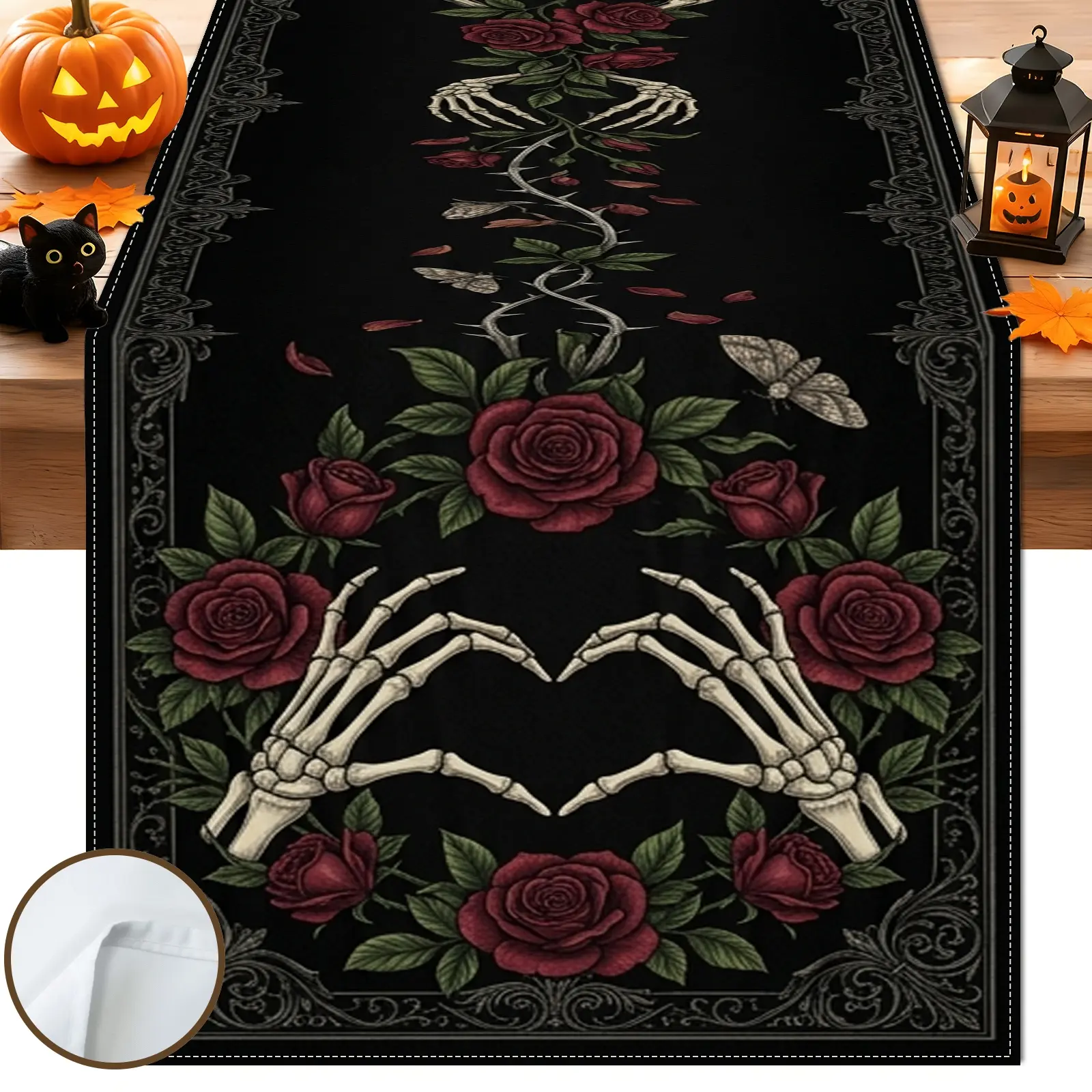 1pc Skeleton Roses Table Runner, Gothic Style, Floral Border Handwritten Script Print, for Dining Table Halloween Party Home Decor