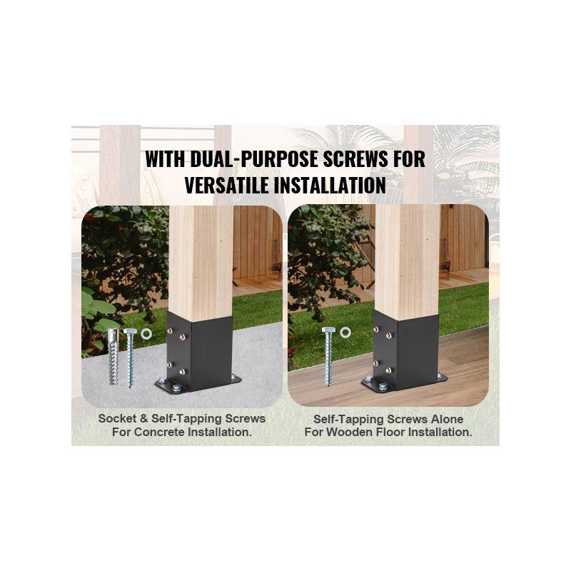 VEVOR 4x4 Post Base 4 Pcs, Inner Size 3.6x3.6 Post Base Brackets, Heavy Duty Powder-Coated Post Anchor Matte Black Wood Post Brackets for Pavilion Deck Railing Support Deck Base Plate