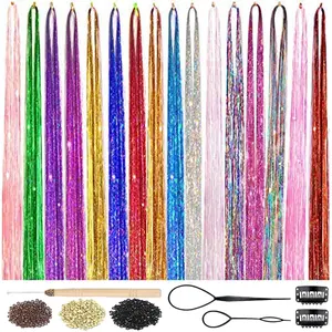 Hair Tinsel Kit with Tools 16 Colors 3500 Strands Fairy Hair Tinsel Heat Resistant Sparkling Shiny Tinsel Hair Extensions 48 Inch Colorful Hair Tinsel strands Kit