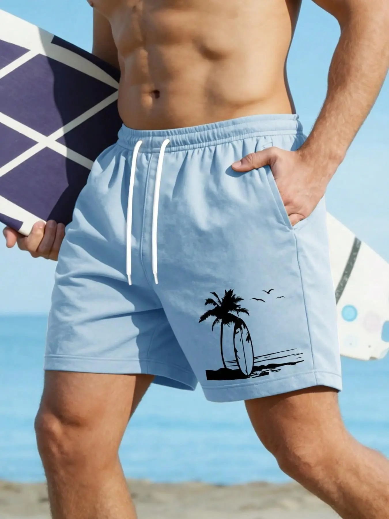 Men's Light Blue Island Print Beach Shorts, Drawstring Waist, Quick-Dry, Casual Fitted Five-Quarter Pants for Summer Vacation