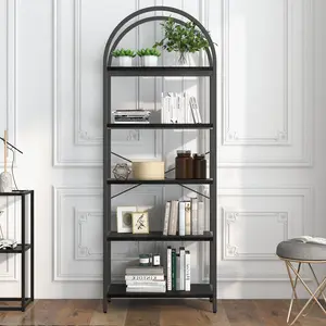 71" (180Cm) Tall Open Book Shelf, 5-Tier Industrial Arched Bookcase with Sturdy Metal Frame, Modern Freestanding Shelving Unit for Home Office, Living Room, Bedroom, Gold and White