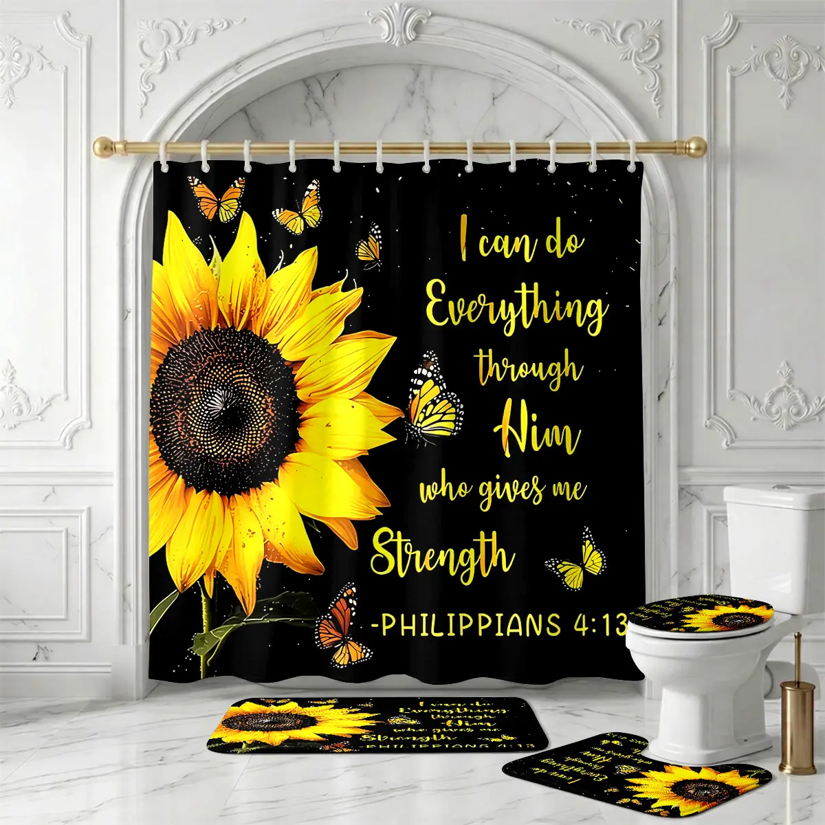 Sunflower Butterfly Shower Curtain Set – Philippians 4:13 Bible Verse Inspirational Quote Bathroom Decor for Easter, Christmas, Thanksgiving, Mother's Day, Birthday & Faith Celebration
