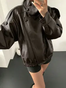 Women's Fall Winter Streetwear Motorcycle Style Leather-Look Jacket, Vintage Loose Fit, Stand Collar Asymmetrical Design, Multiple Colors Available