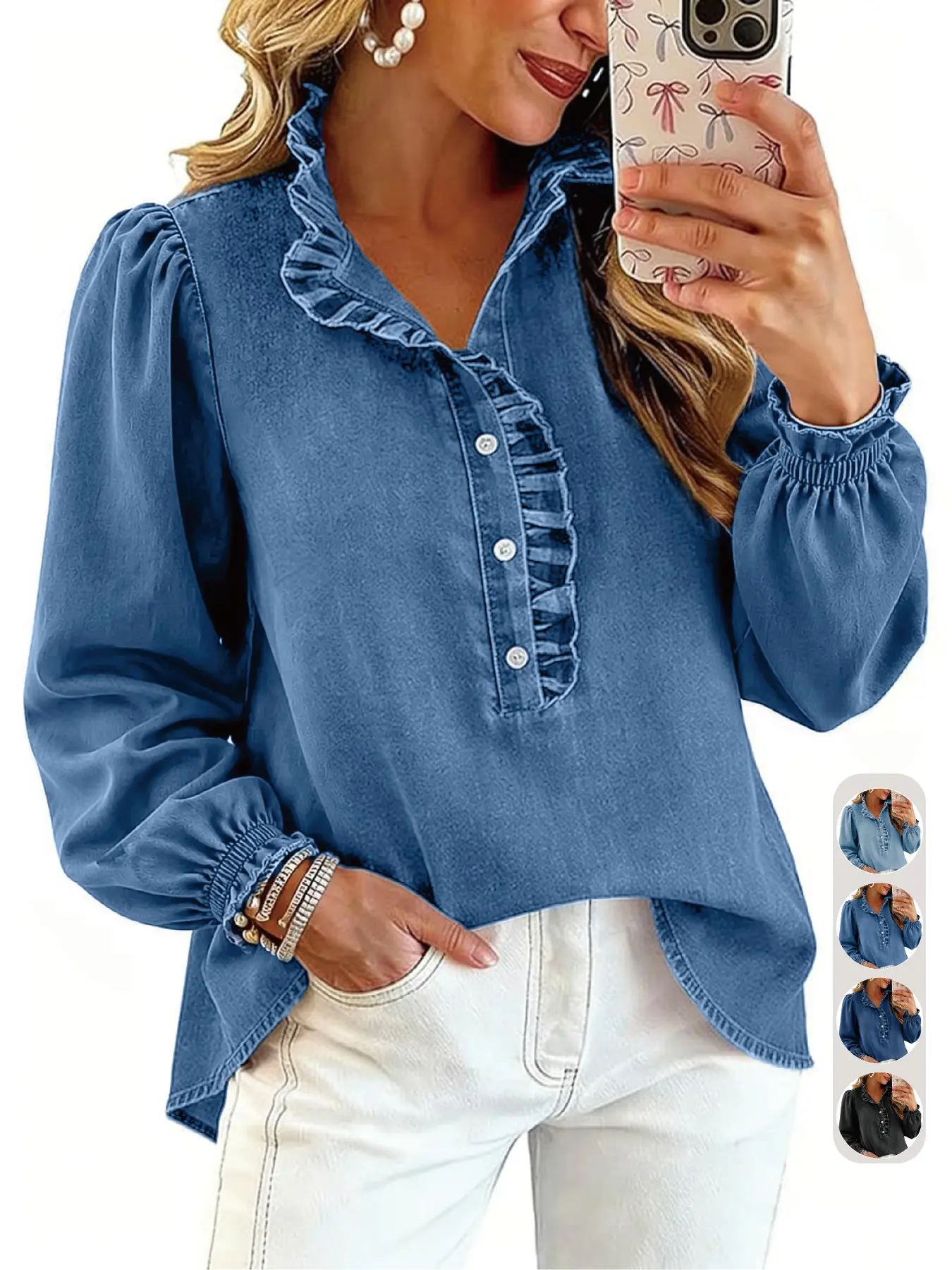 Women's Denim Top with Half Placket Design, Ruffle V-Neck and Bubble Sleeve, Loose Fit Casual Shirt for Vacation and Commute