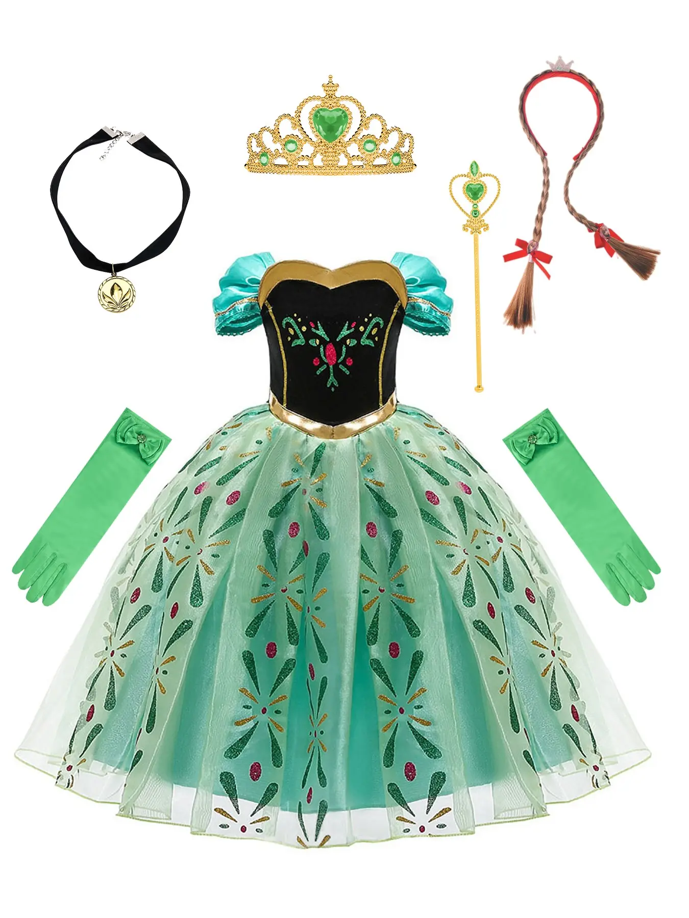 6-Piece Set Girls' Vintage Fairy Skirt, Elegant Princess Dress with Iridescent Printing Contrast Mesh, Theater Stage Performance Costume, Party Costume, Halloween Easter Role Play, Ages 3-13, Costume For Parties