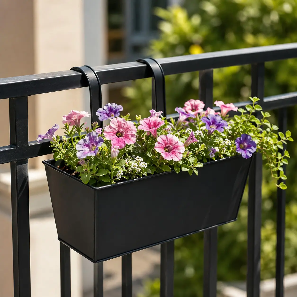 Metal Hanging Flower Pot with Hook, Rectangular Balcony Rail Planter, Suitable for Indoor and Outdoor Garden Decor, Fence Decoration