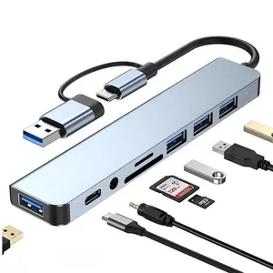 2026 New 8-in-1 USB C Multiport Docking Station, Multi-Splitter Adapter with USB-A USB-C SD TF Card Reader & 3.5mm Audio Jack, Compact Universal Data Hub for MacBook Laptops Phones Office Business Travel Remote Work