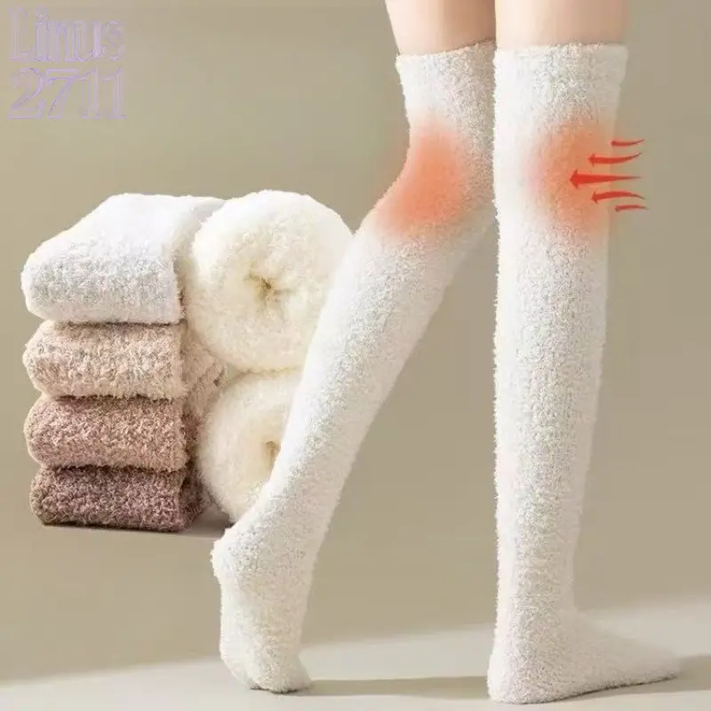 Women Coral Fleece Over Knee Socks Non Shedding Thick Thermal Fluffy Long Floor Socks Winter Indoor Lounge Sleeping Leg Warmers