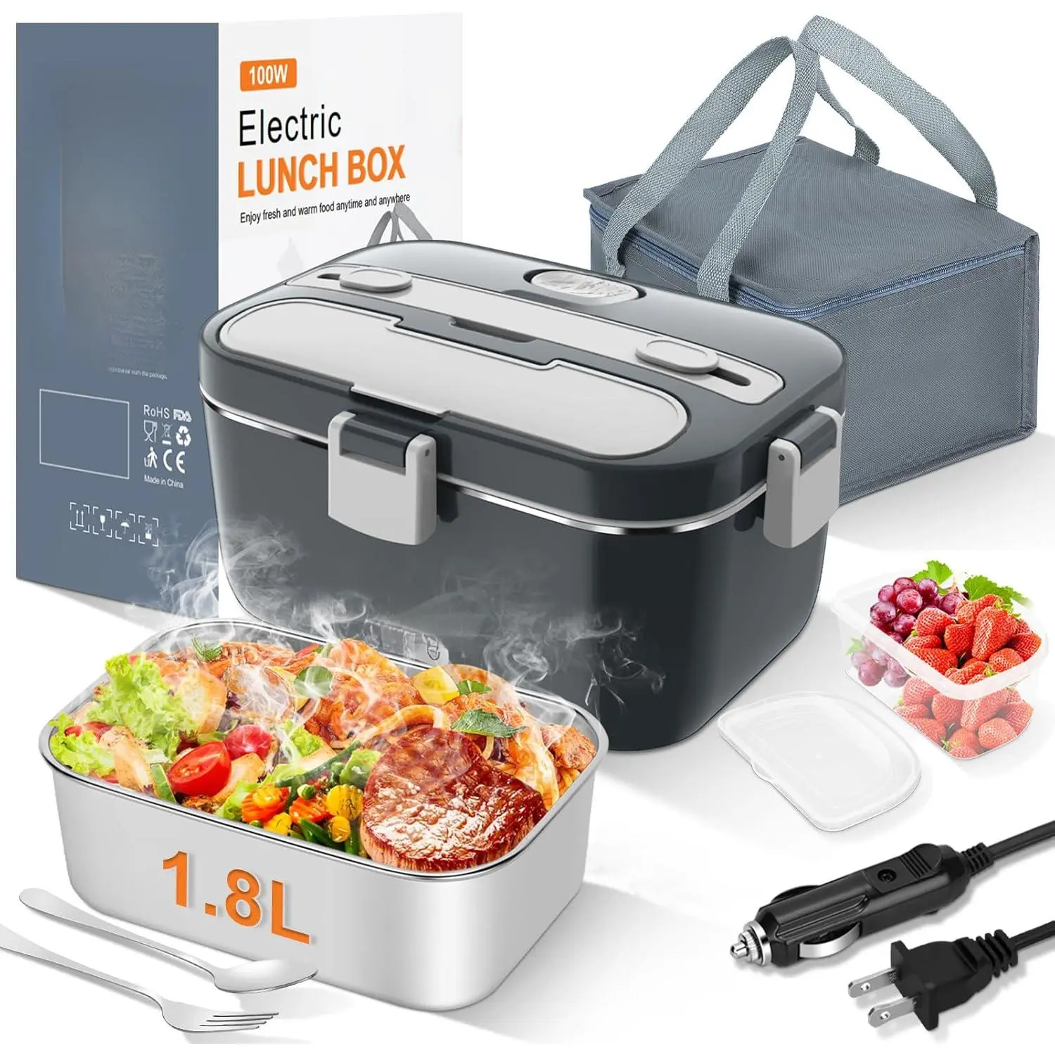 Electric Lunch Box Food Warmer: 100W Heated Lunch Box for Adults, 1.8L Portable Fast Heating Lunchbox Food Heater for Car, Truck, Work, Travel,camping, 12/24V/110-230V