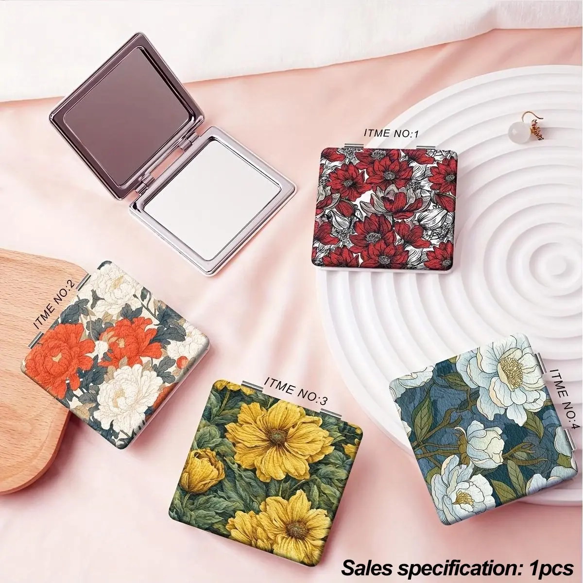 Vintage Oil Painting Floral Compact Mirror, Double Sided Foldable Pocket Makeup Mirror, Retro Peony Flower Pattern Portable Travel Cosmetic Mirror, Gift for Women Girls, Folding Makeup Mirror