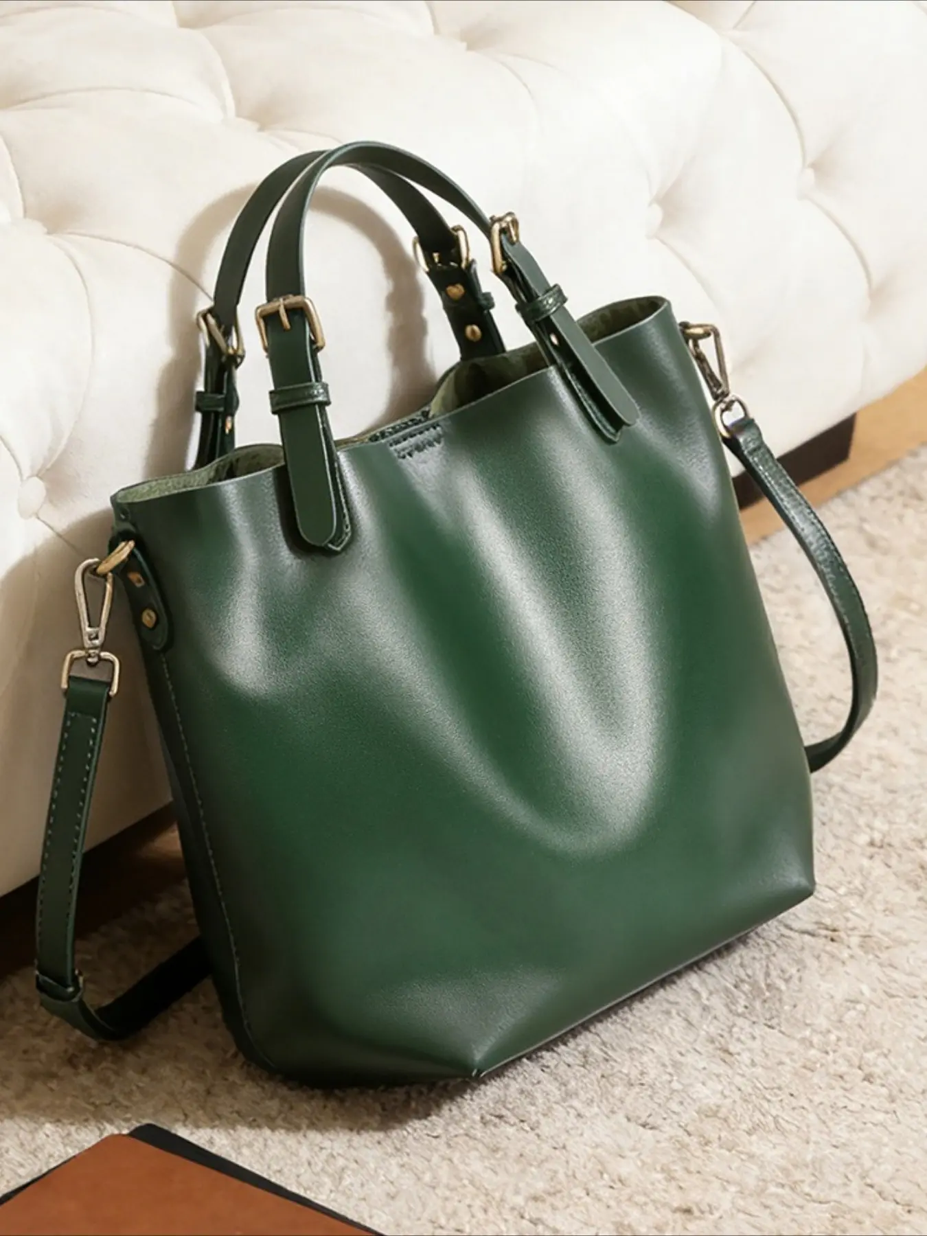 Leather Commuter Tote Bag Premium Sense Shoulder Bucket Bag Light Luxury Large Capacity Women's First Layer Cowhide Women's Bag Bucket Bag 2026