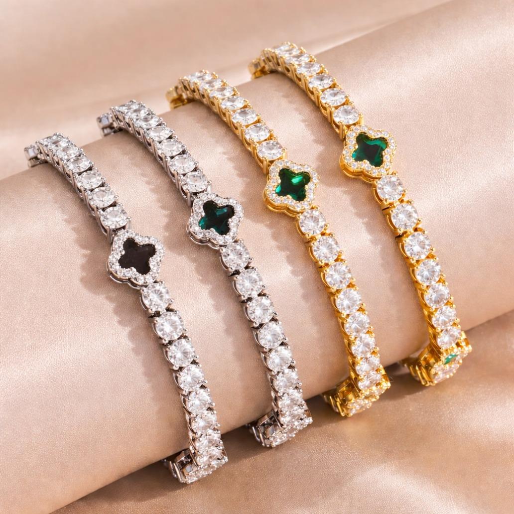 Women White Gold Plated Tennis Bracelet Iced Out CZ Chain Red Green Blue Black Clover Charm Hip Hop Jewelry